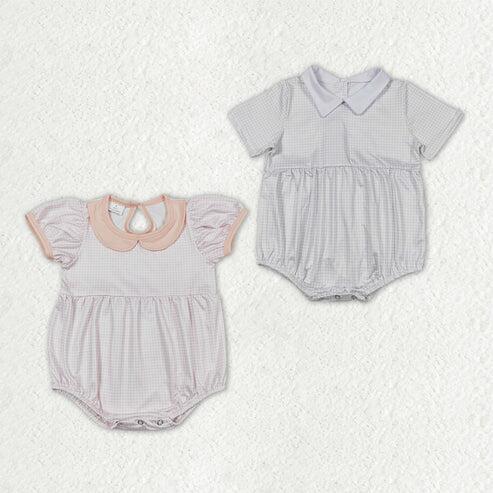 RTS NO MOQ Sibling Baby Boys Girls Pink White Checked Rompers