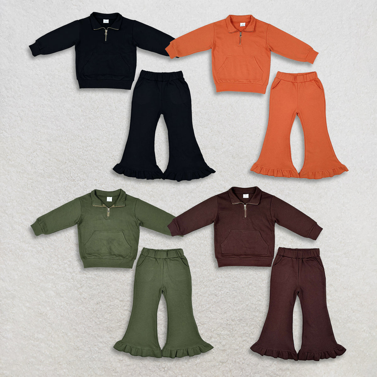 RTS NO MOQ Sibling fleece Baby Girls Solid Color Zip Pockets Top Flare Ruffle Pant Sweater Clothes Set