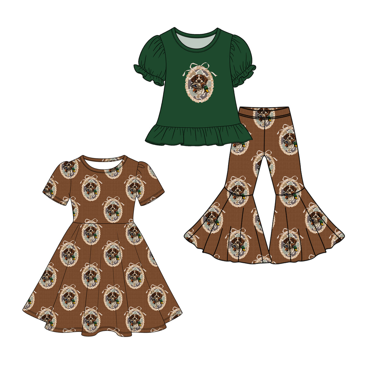 (Preorder new) No moq Baby Girls Green Puff Sleeve Dog Duck Graphic Top Brown Print Flare Pant Set Twirl Dress
