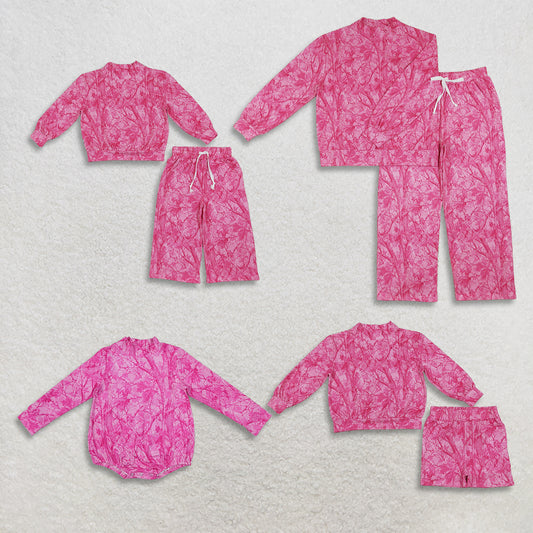 RTS NO MOQ Sibling milk silk Adult To Match Kids High Neck Pink Camo Long Sleeve Top Drawstring Pants Outfit Romper