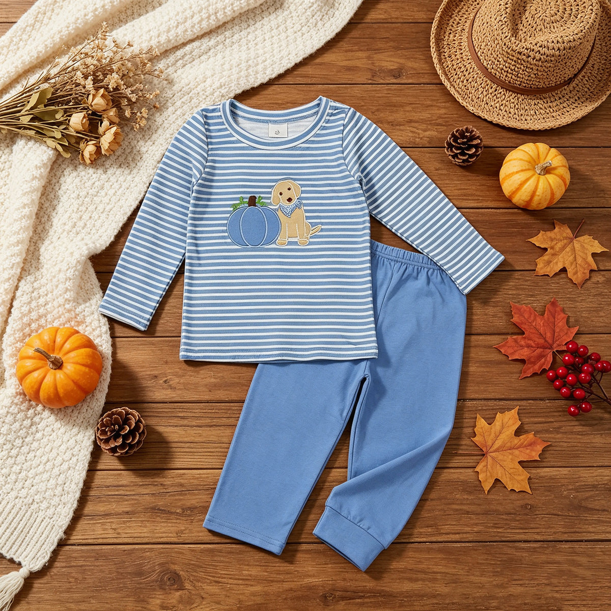 NEW RTS NO MOQ milk silk BLP1500 Embroidery Boys Blue Stripe Pumpkin Dog Print Long Sleeve Top Pant Two Piece Fall Set