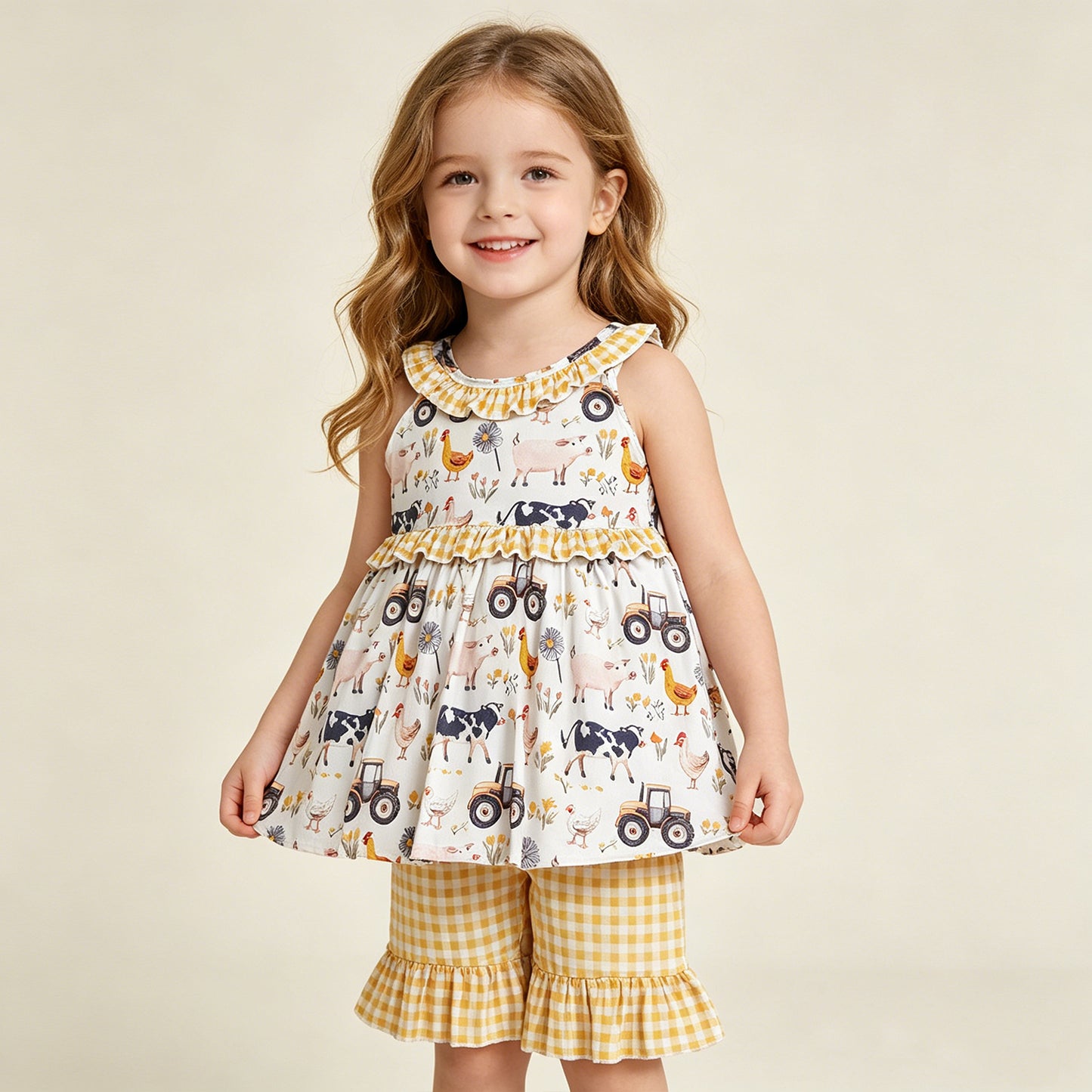 RTS NO MOQ GSSO3071 Baby Girls  Cows Trucks Print Sleeveless Ruffle Shorts Sets