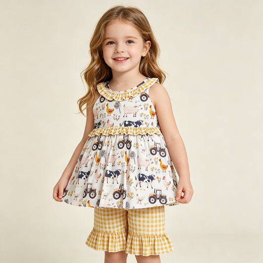 RTS NO MOQ GSSO3071 Baby Girls  Cows Trucks Print Sleeveless Ruffle Shorts Sets