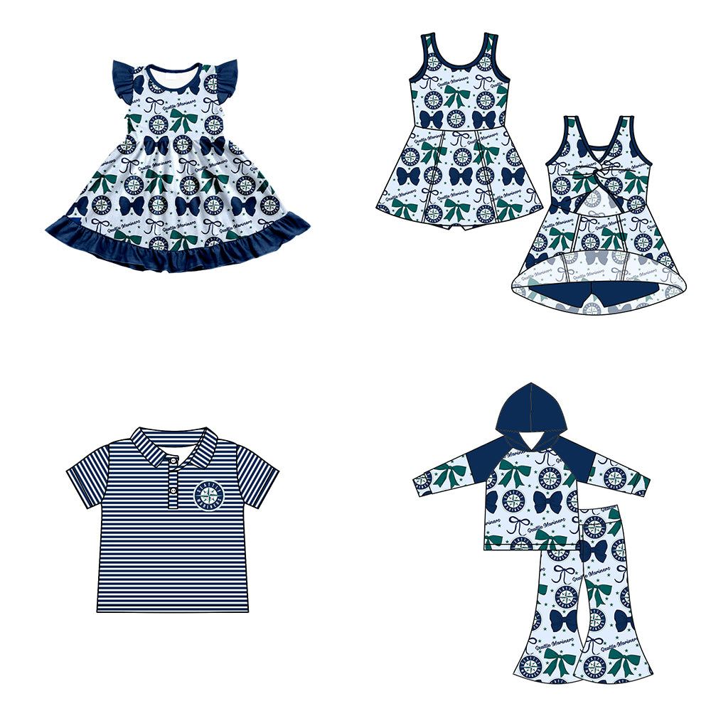 Custom moq 5 mix size milk silk summer teams baby girls clothes team bow blue long sleeve hooded pants sets and dress 1 and dress 2 and top-25.6.17