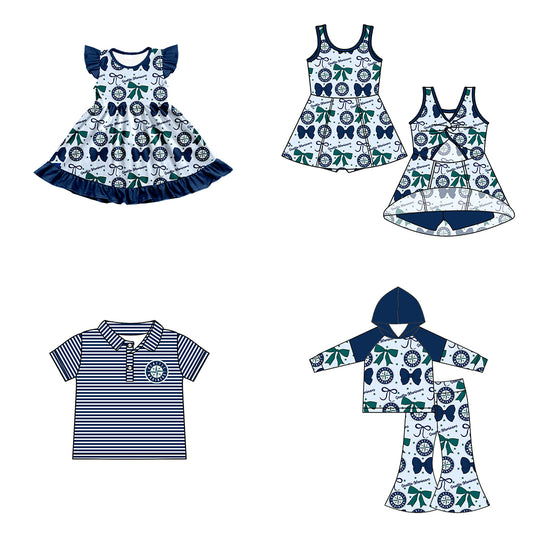 Custom moq 5 mix size milk silk summer teams baby girls clothes team bow blue long sleeve hooded pants sets and dress 1 and dress 2 and top-25.6.17