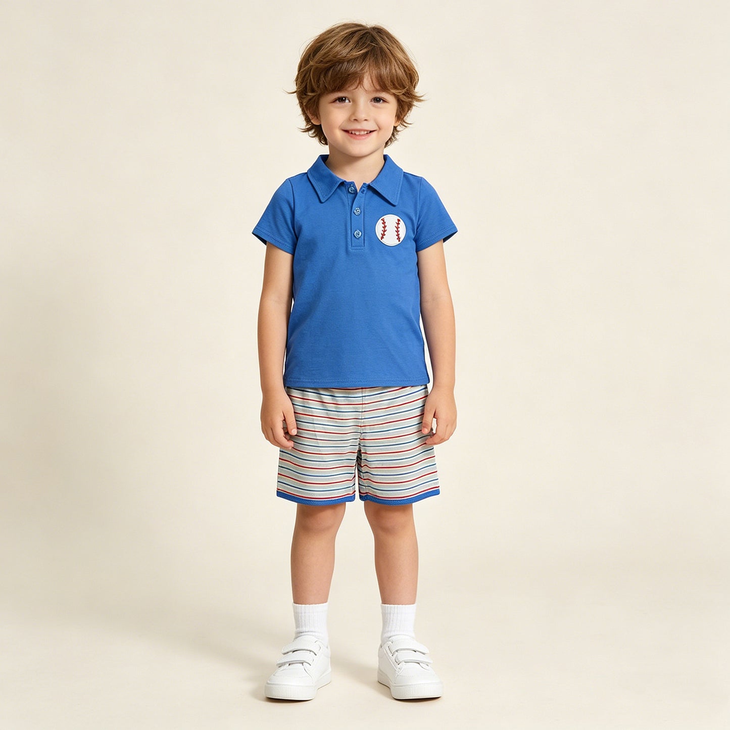 RTS NO MOQ BSSO1877 Baby Boys Blue Button Polo Top Embroidery Baseballs Stripe Shorts Team Outfit