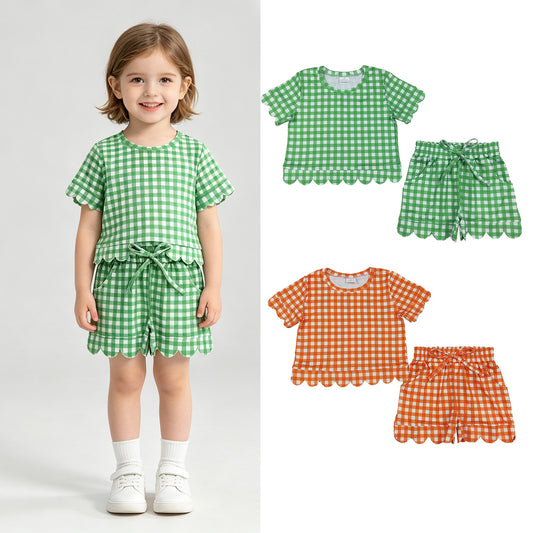 RTS NO MOQ Sibling milk silk Baby Girls Checked Shirt Top Matching Scallop Shorts Clothes Set