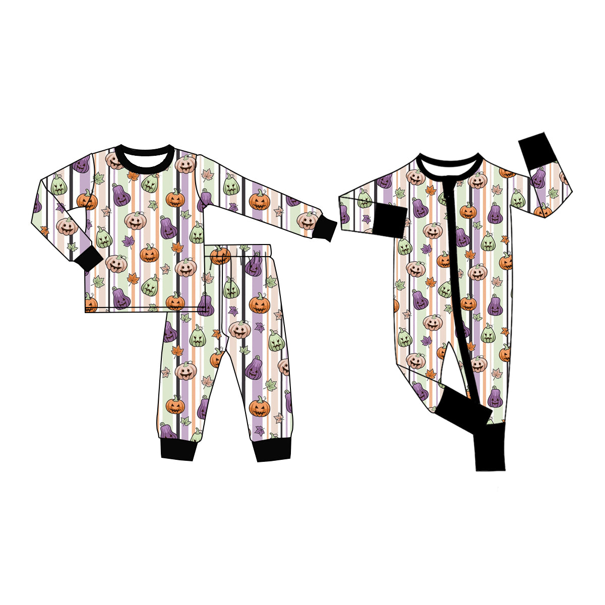 (Preorder new) No moq Baby Boys Ghost Pumpkin Stripe Print Long Sleeve Top Pants Two Piece Halloween Pajamas Sets Two Way Zip Convertible Rompers