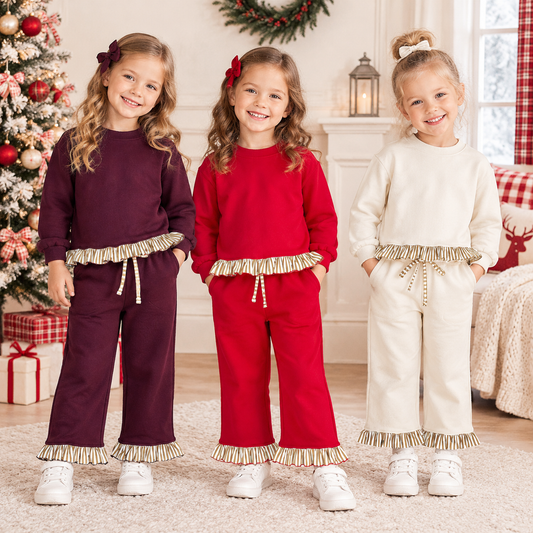 RTS NO MOQ Sibling fleece Baby Girls Cute Solid Color Long Sleeve Top Pockets Pants Sweater Clothes Set