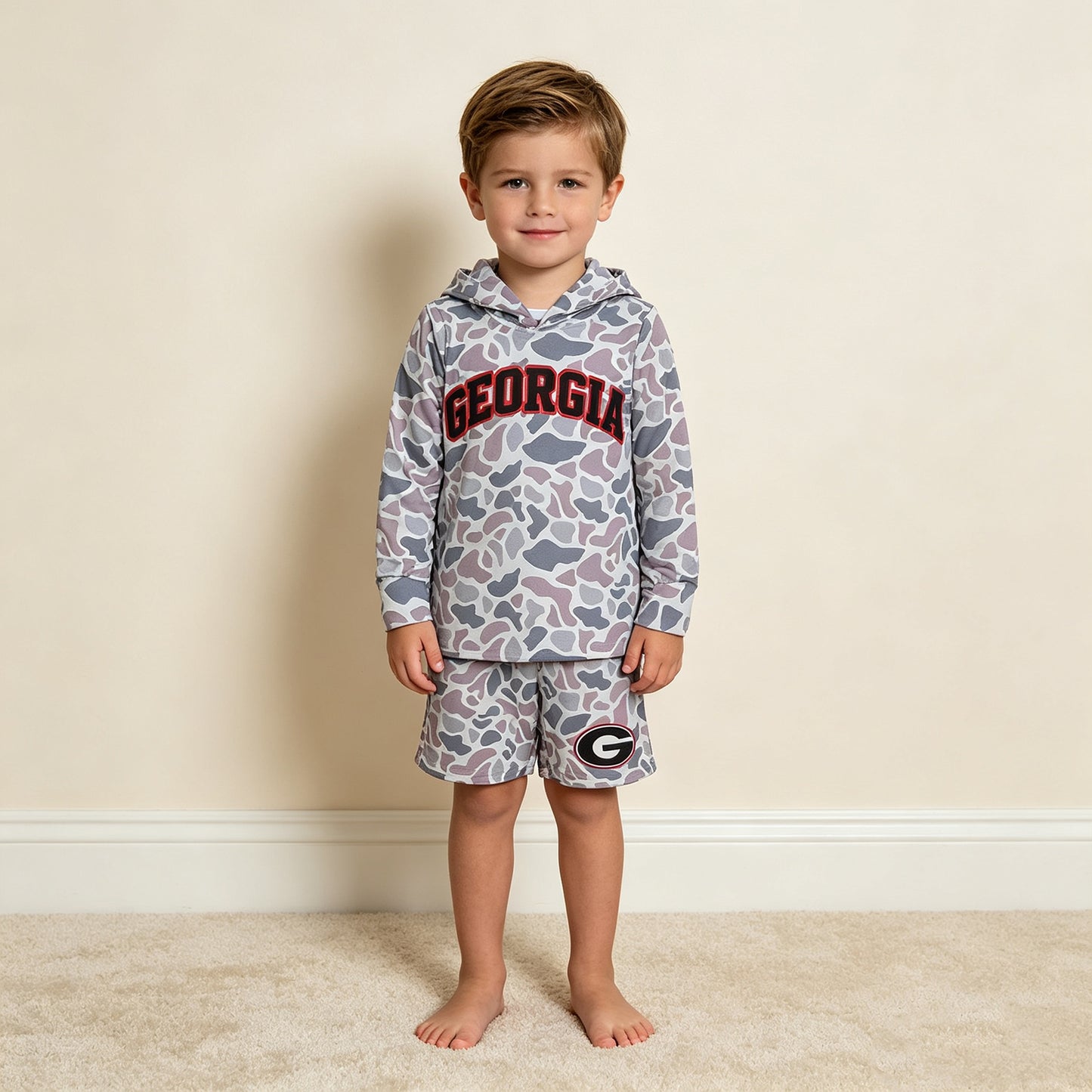 NEW RTS NO MOQ milk silk BLS0047 Baby Boys Camo Letter Print Long Sleeve Hoodie Shorts Team Set