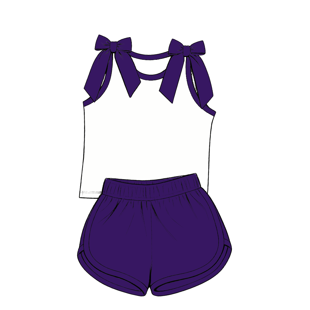 custom moq 5 mix size Baby Girls Purple Bow Sleeveless Top Shorts Summer Outfit Sets