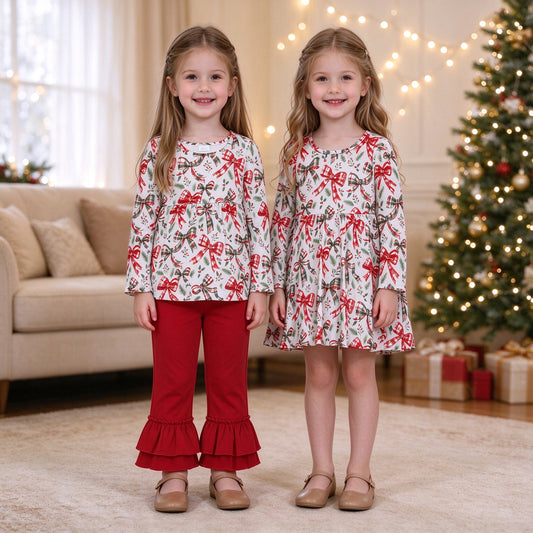 RTS NO MOQ Sibling milk silk Baby Girls Christmas Red Bow Holly Print Long Sleeve Top Solid Ruffle Pant Set Twirl Dress