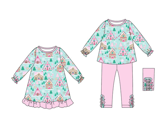 25.6.10 custom each style moq 5eta 4-6week Sibling Sisters Christmas house baby girl long sleeve pants sets and dress match family design