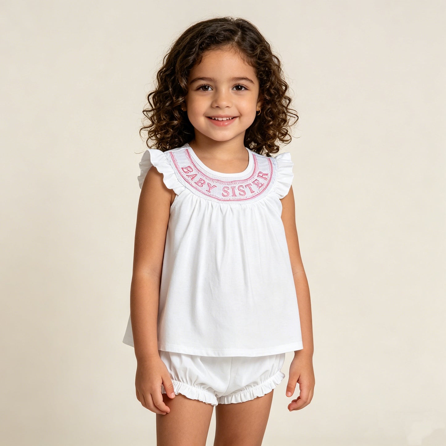 RTS NO MOQ GBO0490 Smocked Baby Sister Top with Flutter Sleeve Tunic And Bummies Short Clothes Sets for Girls