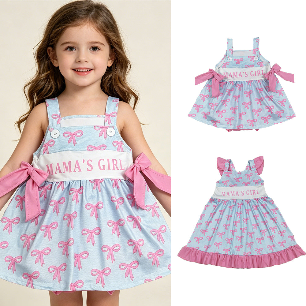 RTS NO MOQ Sibling Baby Girls Cute Flutter Sleeve Mama's Girl Print Bows Ruffle Knee Length Dresses Tunic Bummies Ruffle Rompers Sets