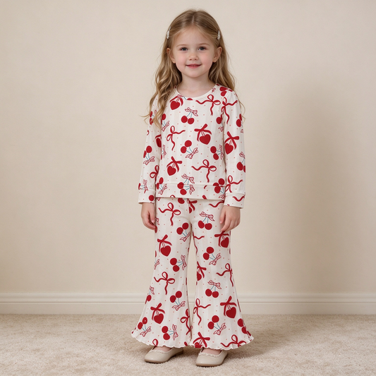 NEW RTS NO MOQ milk silk GLP3636 Baby Girls Heart Cheer Long Sleeve Top Bell Bottom Pant Valentines Outfit