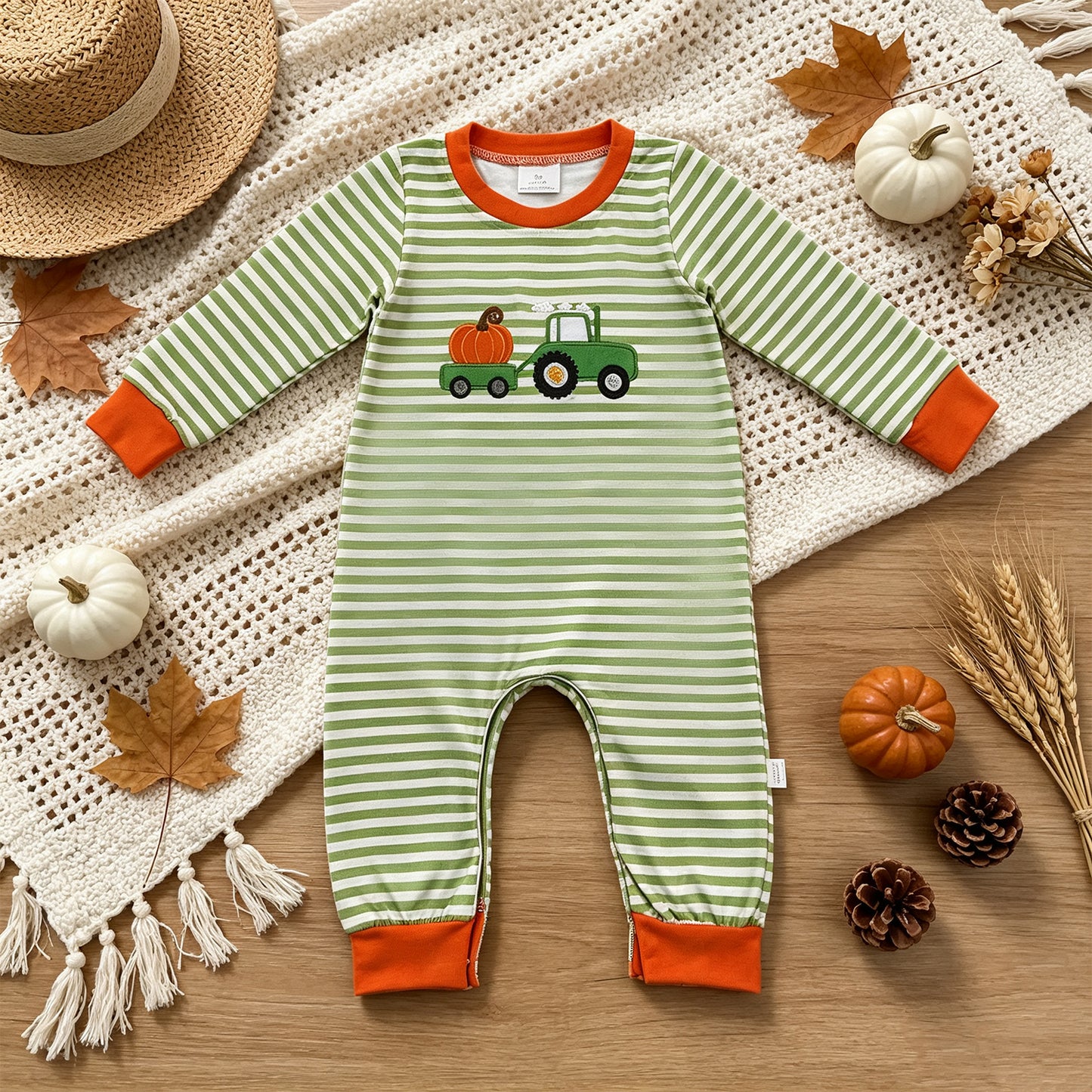 NEW RTS NO MOQ milk silk LR3036 Embroidery Baby Boys Farm Green Stripe Pumpkin Truck Long Sleeve Rompers