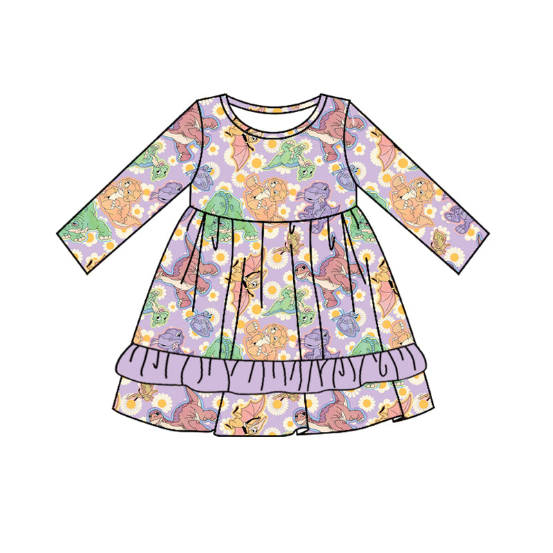 7.10 custom each style moq 5eta 4-6week Sibling Sister dinosaur purple baby girls sets and dress and rompers match family design