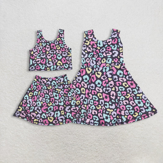 RTS NO MOQ Sibling baby girl clothes yoga leopard short-sleeved skirt sets and dress