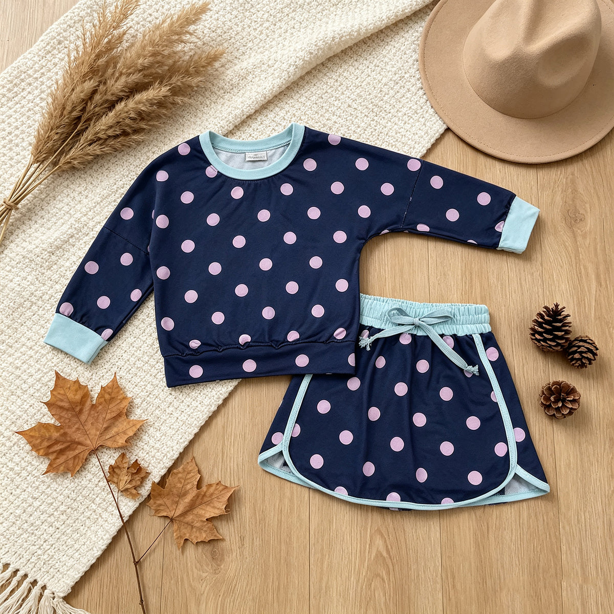 NEW RTS NO MOQ milk silk GLD1762 Baby Girls Navy Polka Dot Long Sleeve Top And Drawstring Skort Set
