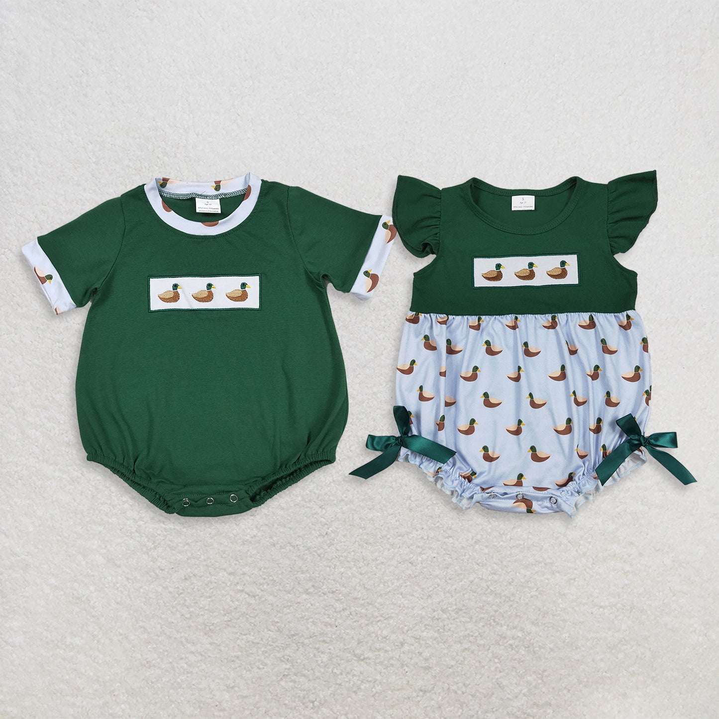 RTS NO MOQ Sibling milk silk Baby Boys Girls Green Flutter Sleeve Embroidery Ducks Hunting Ruffle Rompers