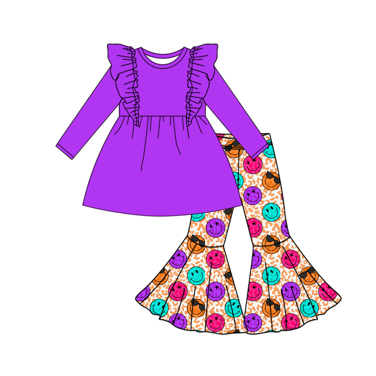 9.24 custom each style moq 5eta 4-6week baby girls clothes smiley purple long sleeve pants sets