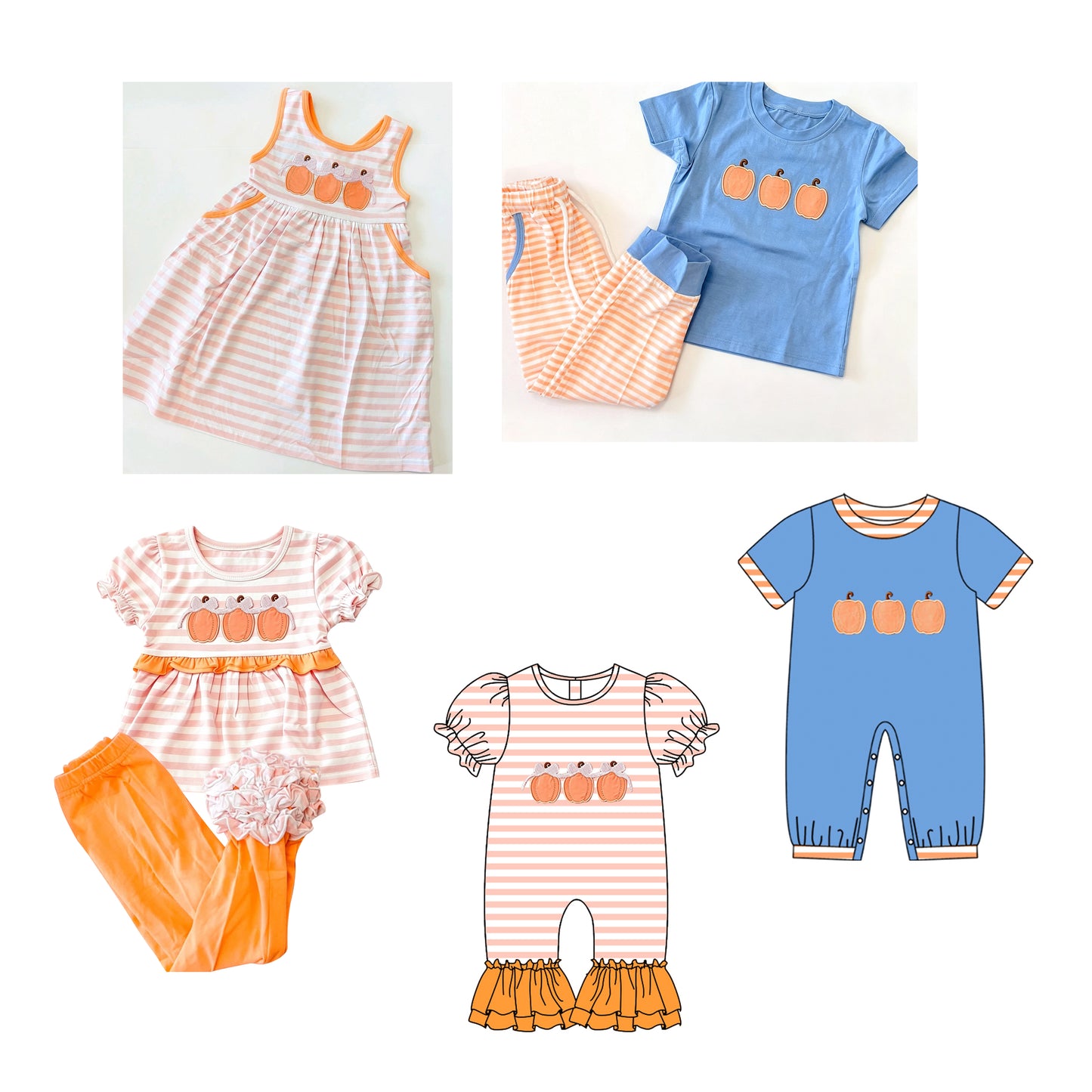 (Preorder new) No moq Embroidery Bow Pumpkins Baby Girls Boys Top Pockets Jogger Fall Clothes Sets Rompers Dress