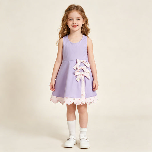 RTS NO MOQ GSD3317 Baby Girls Cute Purple Bows Yoga Scallop Knee Length Dress