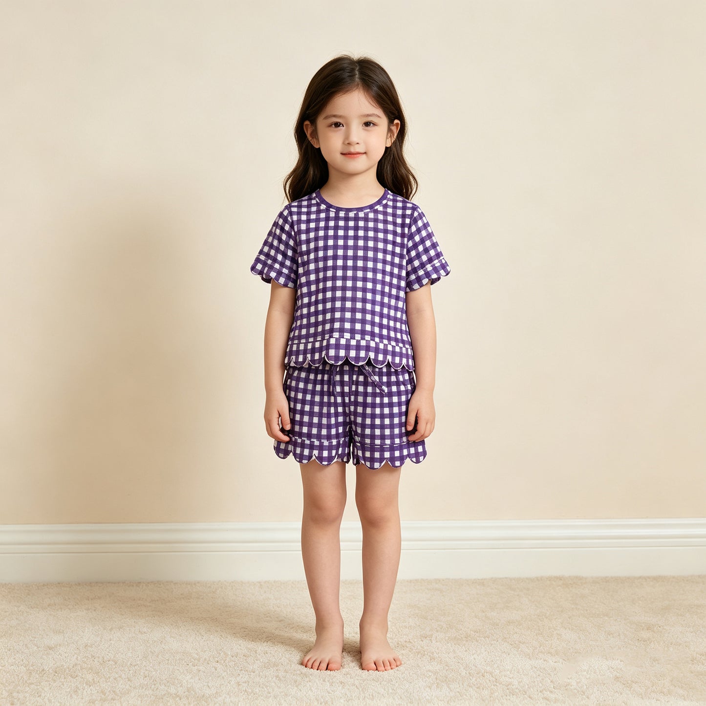 NEW RTS NO MOQ milk silk GSSO3841 Baby Girls Purple Check Shirt Top Elastic Scallop Shorts Set
