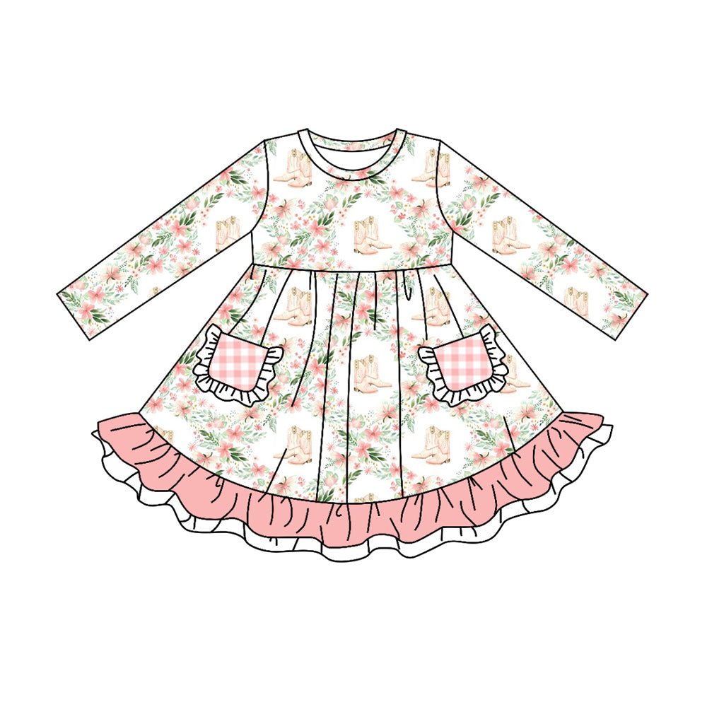5.21custom each style moq 5eta 4-5week Sibling Sister Western boots with floral print in white and pink lace girls outfits and baby romper and dress match family design