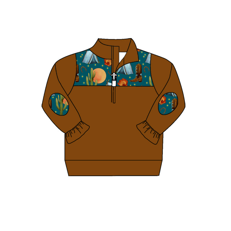 5.22custom each style moq 5eta 4-5week Sibling Sister Western cowboy style print dark green brown boys outfits and baby romper and aldult shorts match family design