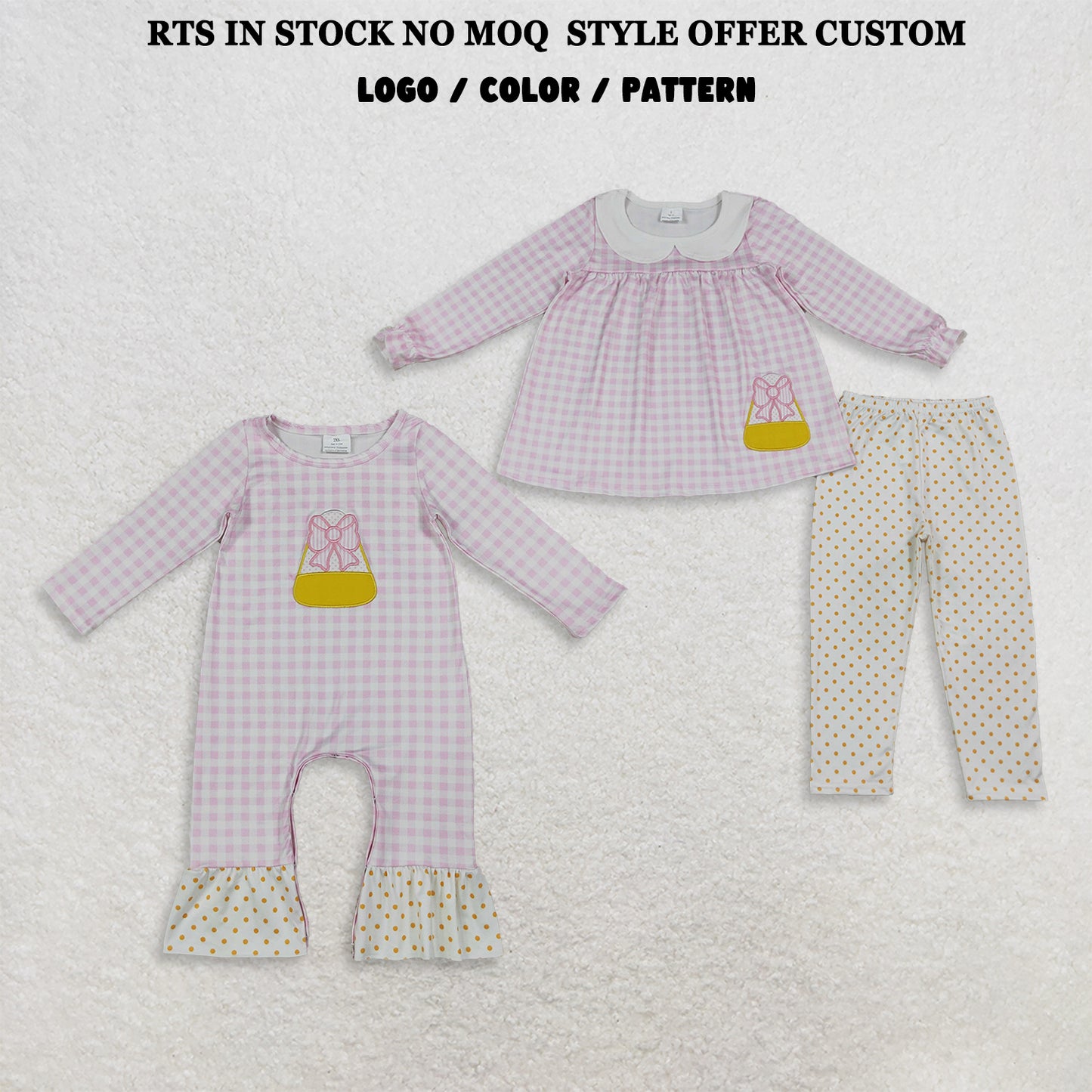 RTS NO MOQ Sibling milk silk Embroidery Bow Candy Baby Girls Pink Check Tunic And Leggings Clothes Set Rompers