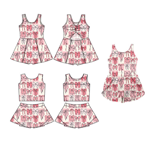 3.20 custom each style moq 5eta 4-6week Sibling Sister bow baby girls clothes Short sleeve yoga dress 1 and dress 2 and jumpsuit match family design