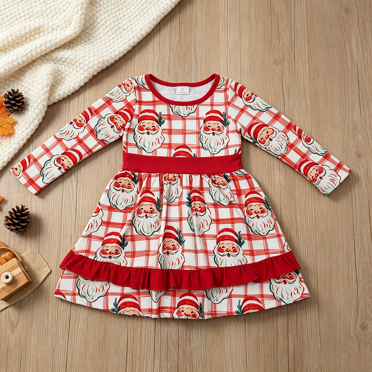 NEW RTS NO MOQ milk silk GLD1710 Baby Girls Red Plaid Santa Print Long Sleeve Ruffle Hem Knee Length Christmas Dress