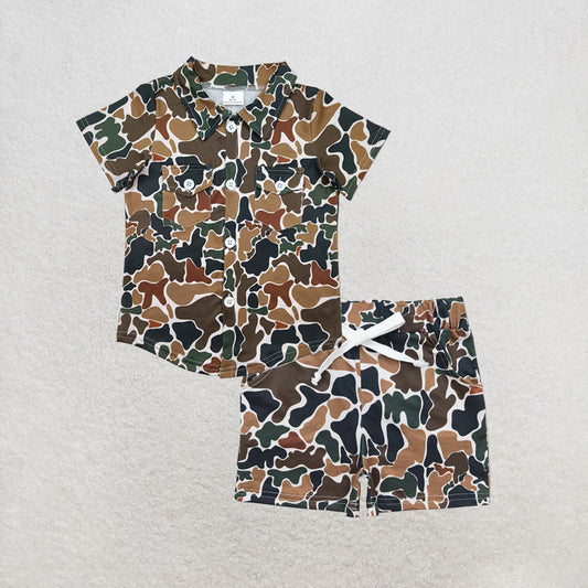 RTS NO MOQ milk silk BT1200+SS03596 Baby Boys Southern Camo Short Sleeves Button Pockets Shirts Tops Shorts Set