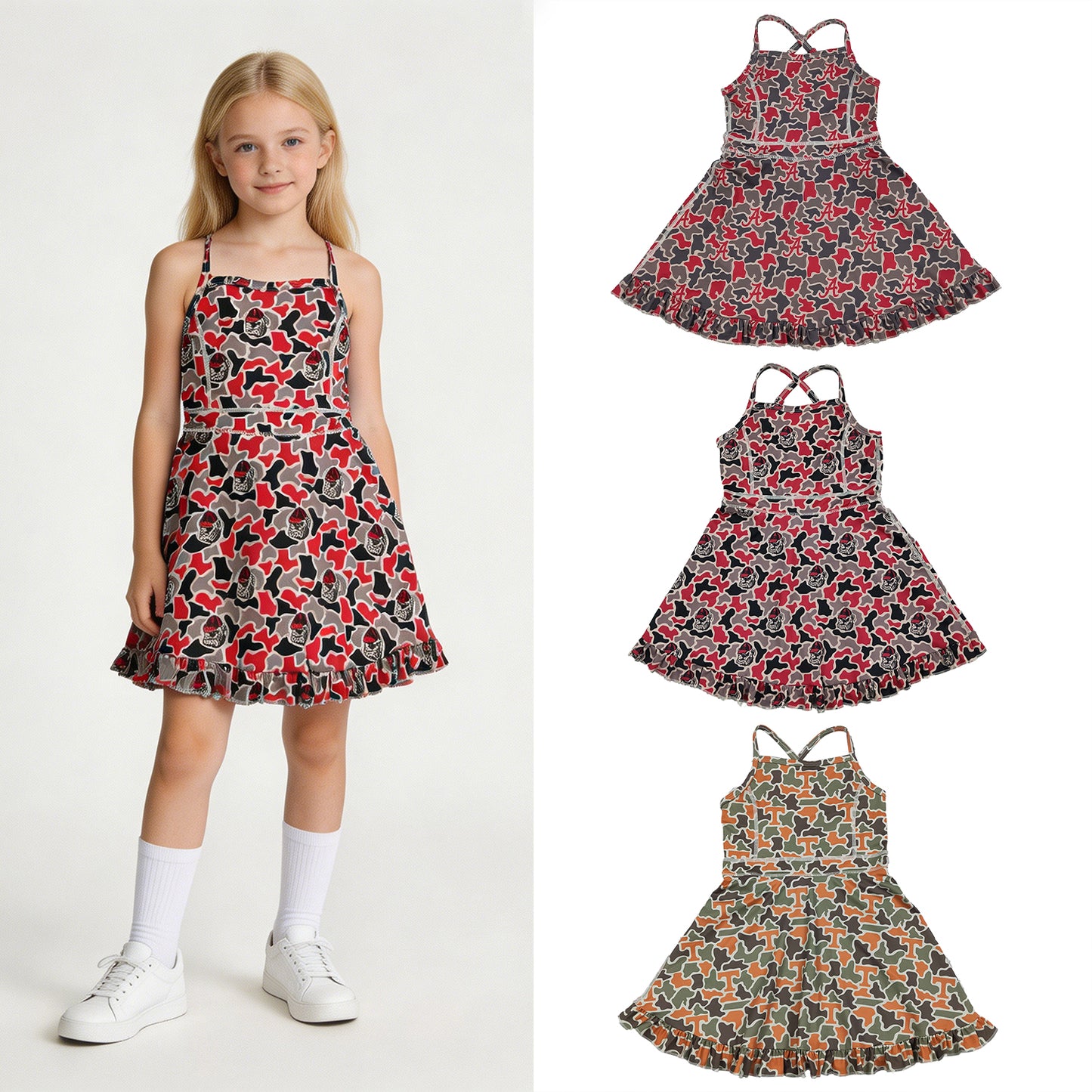 RTS NO MOQ Sibling milk silk Baby Girls Strap Camo Team Print Ruffle Knee Length Dress With Shorts