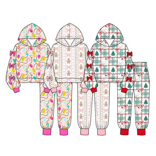 (Preorder new) No moq Baby Girls  Christmas Leopard Print Santa Gingerbread Bow Pattern Long Sleeve Loungewear Set
