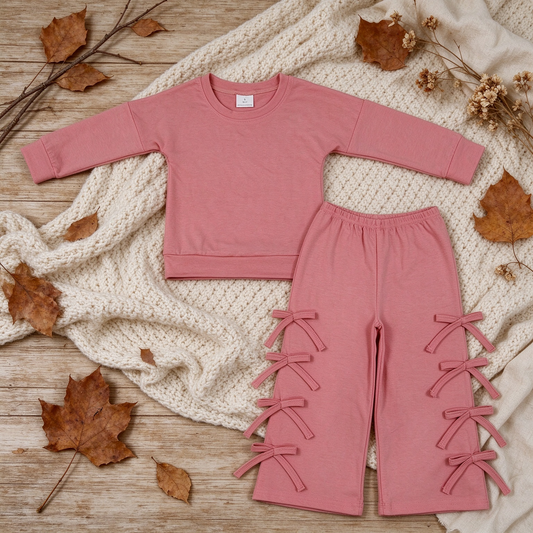 NEW RTS NO MOQ cotton GLP3845 Baby Girls Peach Long Sleeve Top Bows Pockets Flare Pant Casual Set
