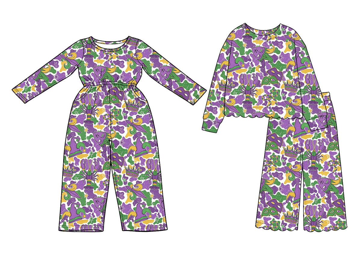 (Preorder new) No moq cotton Baby Girls Long Sleeve Print Jumpsuit And Girls Ruffled Top Wide Leg Pants Set