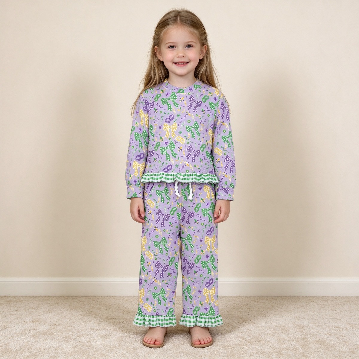 NEW RTS NO MOQ milk silk GLP3680 Baby Girls Bows Long Sleeve Pocket Top Ruffle Hem Pant Set