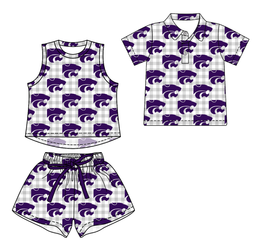 Custom moq 5 mix size milk silk summer teams Checked Girls Sleeveless Grey Top And Short Sets Boys Short Sleeve Button Polo Shirt Top