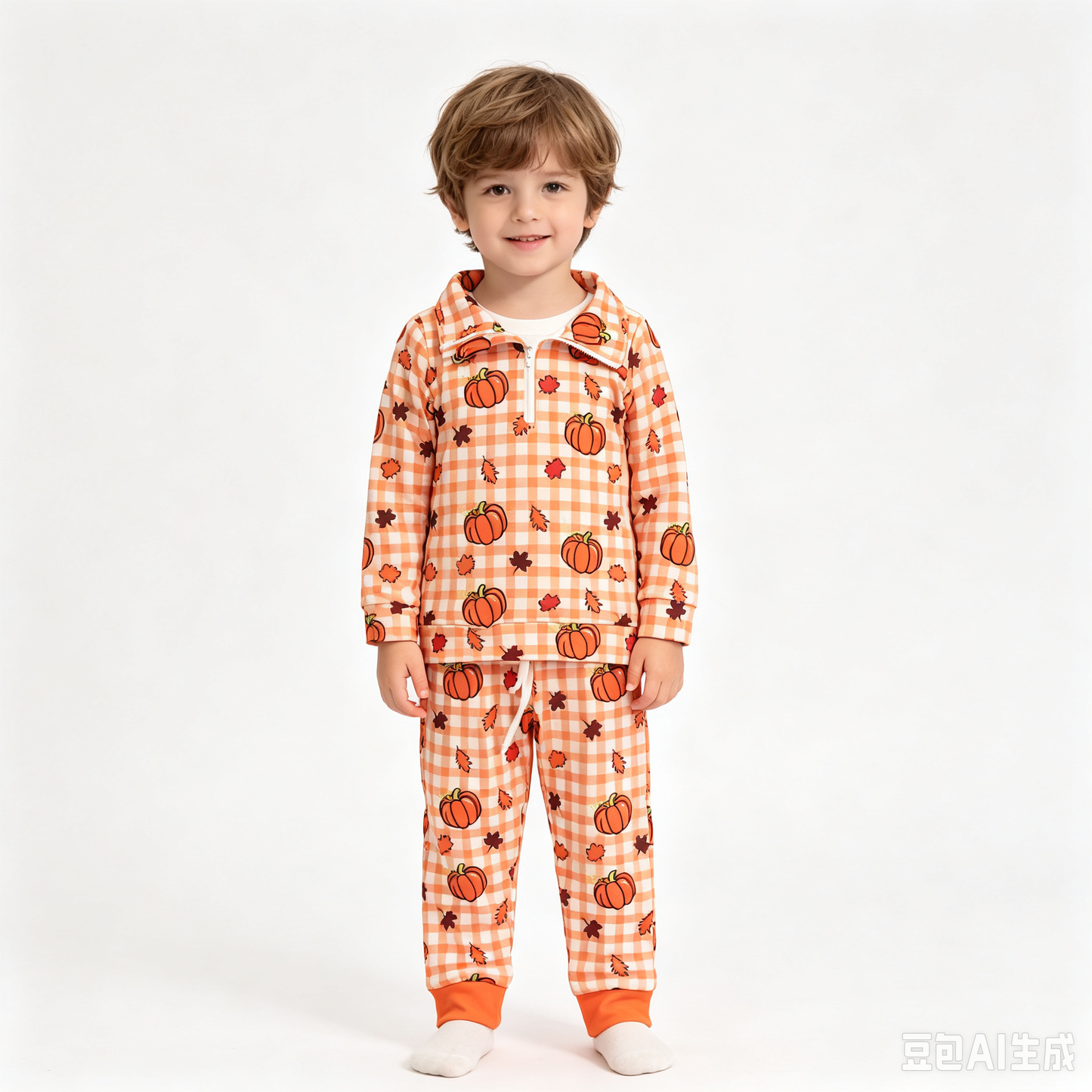 (Sample) No moq milk silk BLP1574（BT1895+P1198）Baby Boys Pumpkins Checked Print Half Zip Collar Long Sleeve Top Jogger Pant Set