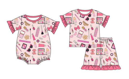 Custom moq 5 mix size Sibling Pink Short-Sleeved Baby Girl Pajama Set with Top And Shorts Romper for Little Ones