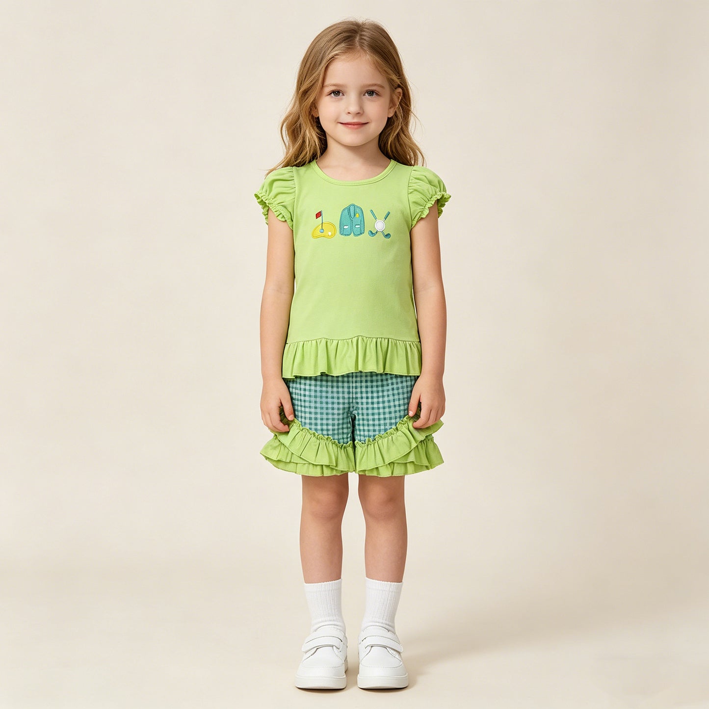 RTS NO MOQ GSSO3033 Baby Girls Golf Style Embroidery Flag Top Green Checked Ruffle Shorts
