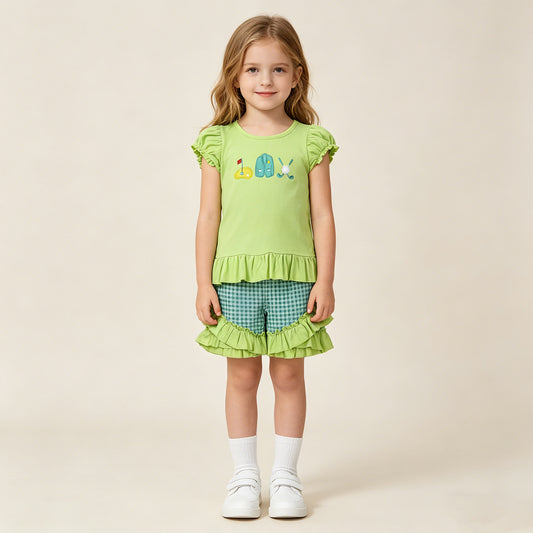 RTS NO MOQ GSSO3033 Baby Girls Golf Style Embroidery Flag Top Green Checked Ruffle Shorts