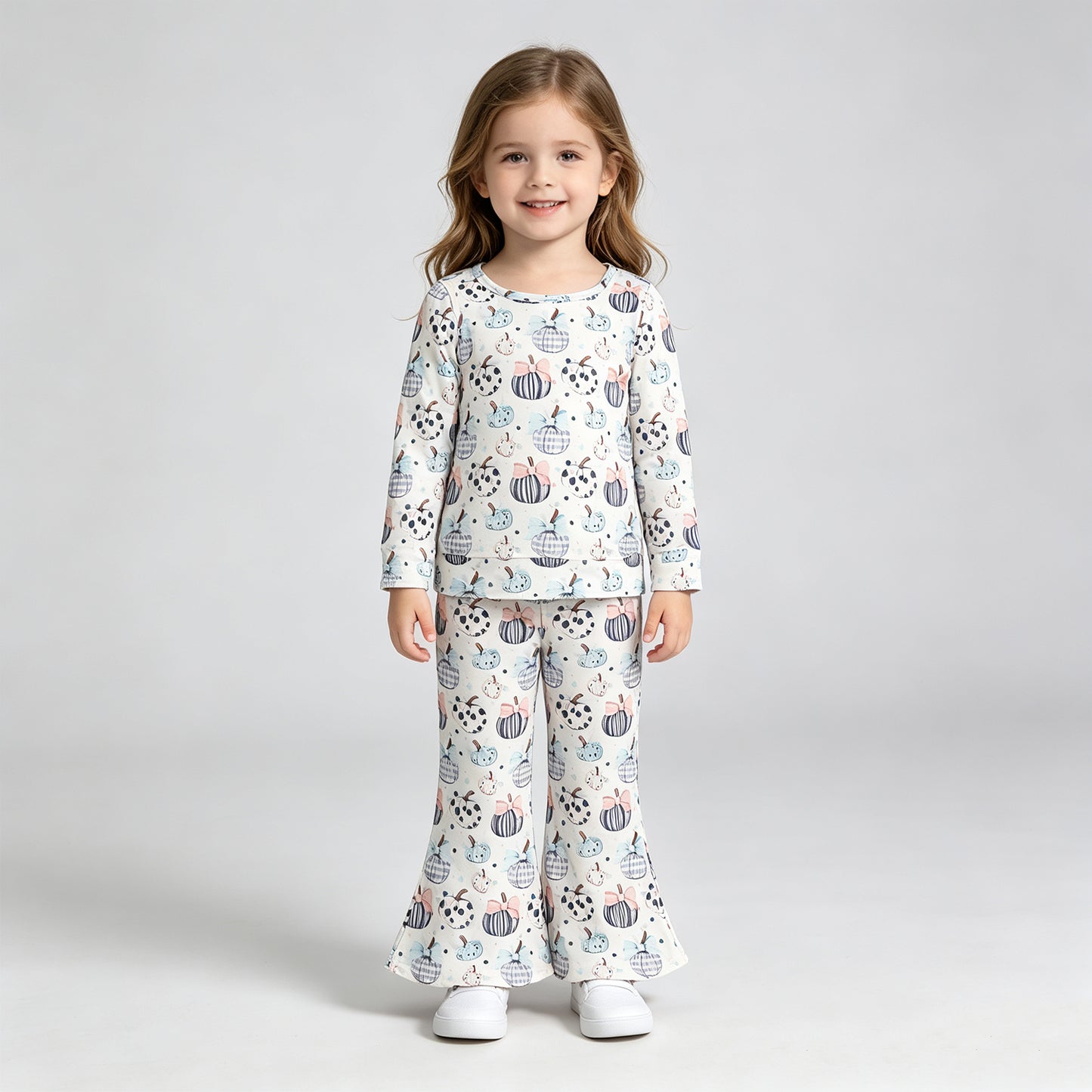 NEW RTS NO MOQ milk silk GLP3403 Baby Girls Bow Pumpkin Print Long Sleeve Shirt Top Flare Bell Bottom Pants Clothes Sets