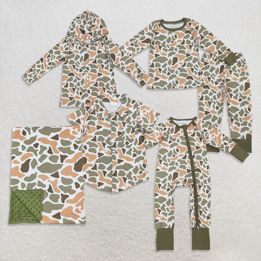 RTS NO MOQ Sibling baby boy clothes camouflage hooded long sleeved tops and sets and romper and blanket