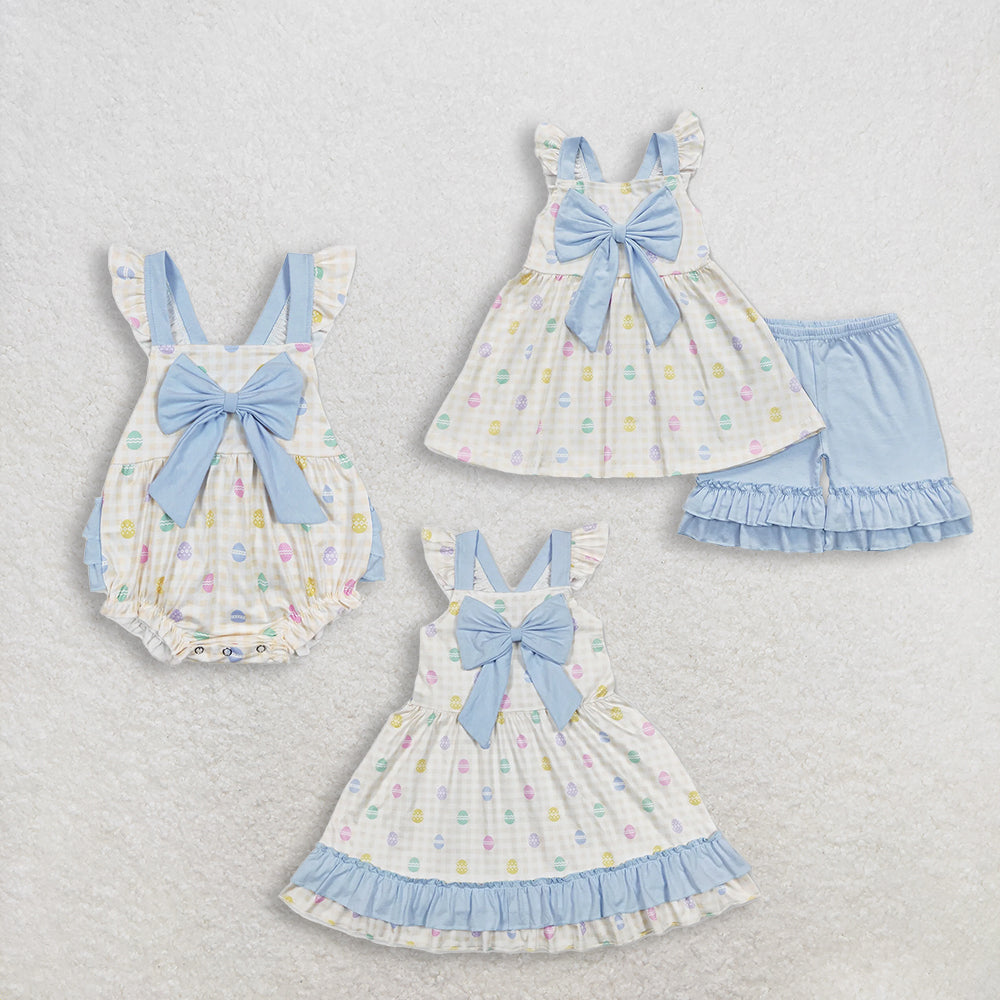 RTS NO MOQ Sibling Baby Girls Easter Bow Tunic Ruffle Shorts Outfit Set Dress Rompers for Little Ones
