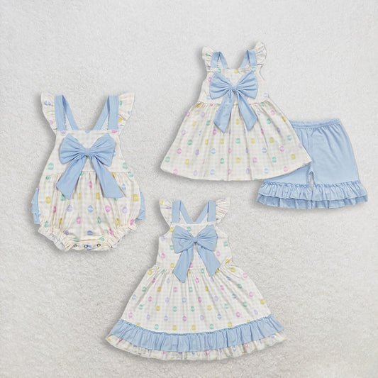 RTS NO MOQ Sibling Baby Girls Easter Bow Tunic Ruffle Shorts Outfit Set Dress Rompers for Little Ones