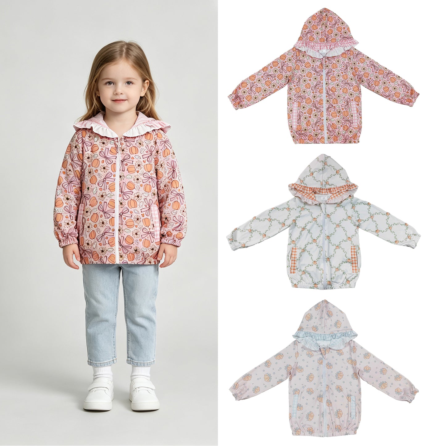 RTS NO MOQ Sibling milk silk Baby Girls Flowers  Fall Zip Pockets Ruffle Hoodie Jackets Top